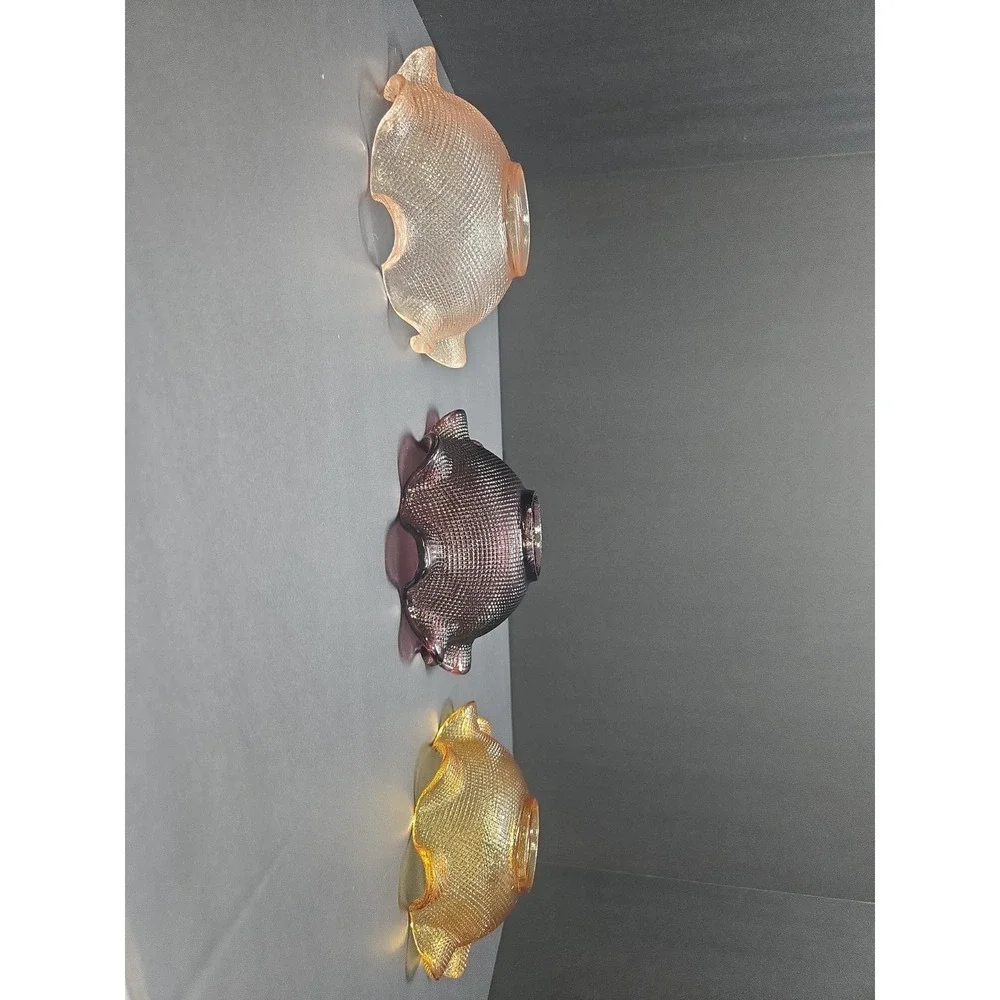 Vintage Colony Waffle Glass Nesting Bowls Set of 3 Pink Amber Purple Ruffled